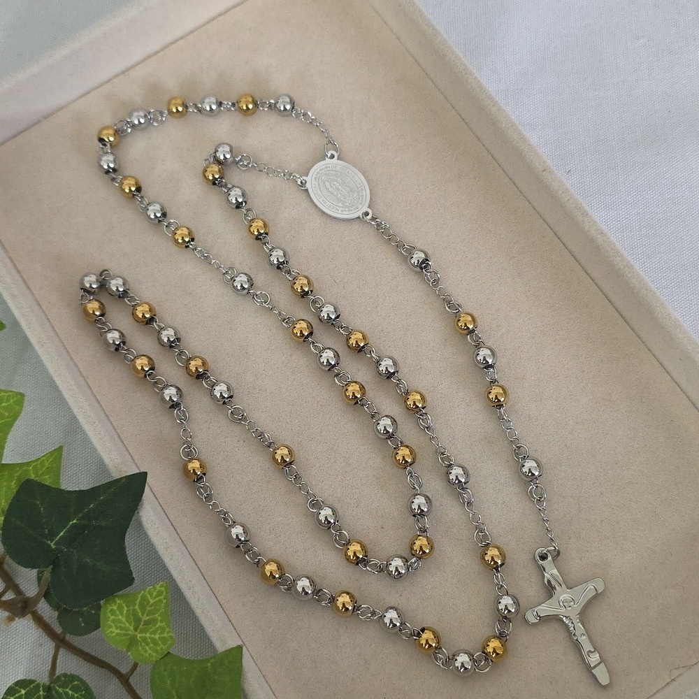 Stainless Steel Two Tone Bead Rosary Neckkace